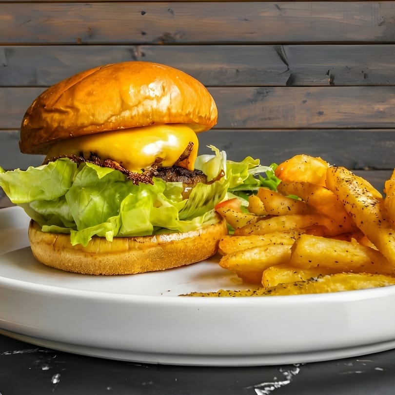 A cheeseburger with lettuce and caramelized onions, served with a side of seasoned french fries.